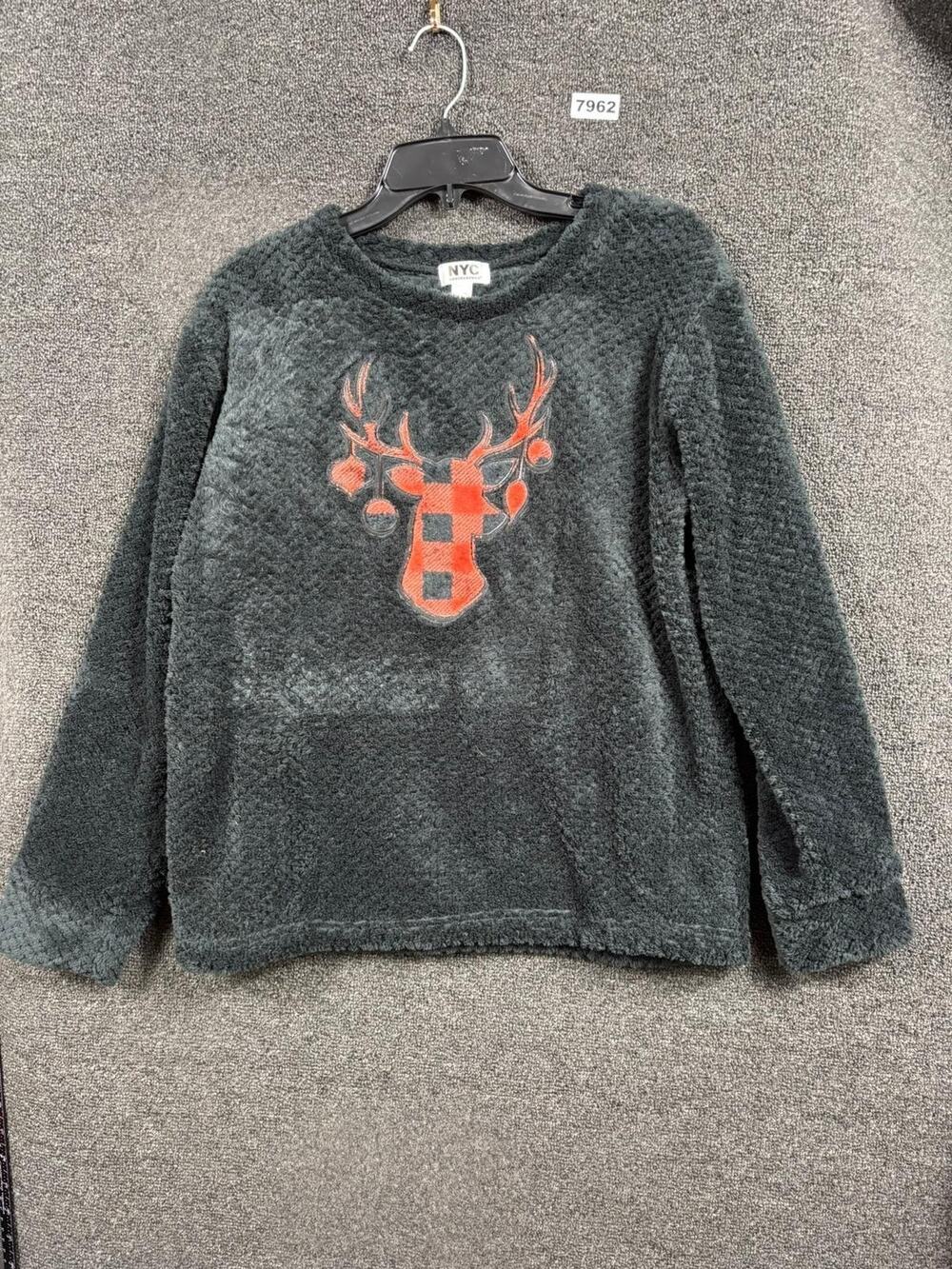 NYC Sweatshirt Womens Size L Gray Fleece Reindeer Buffalo Plaid Holiday